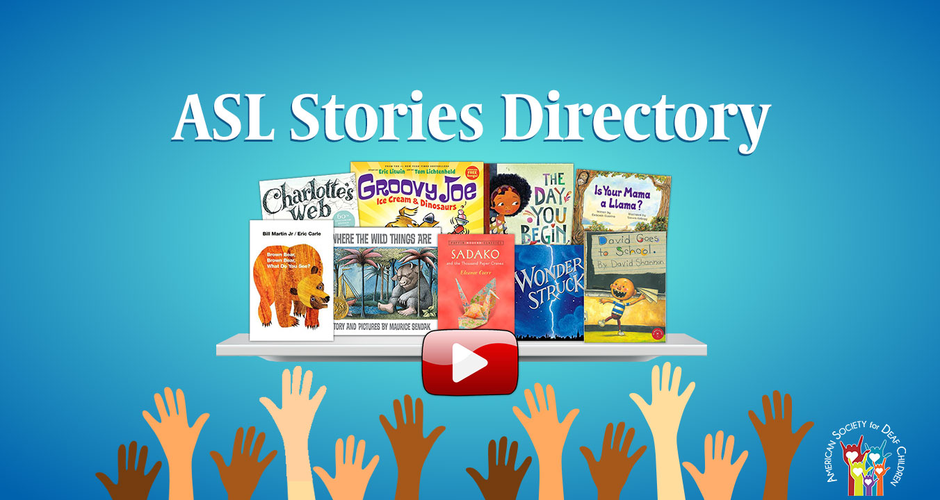 historias en lenguaje de señas - directorio de historias de asl - muestra libros para niños, manos y un botón de reproducción de video