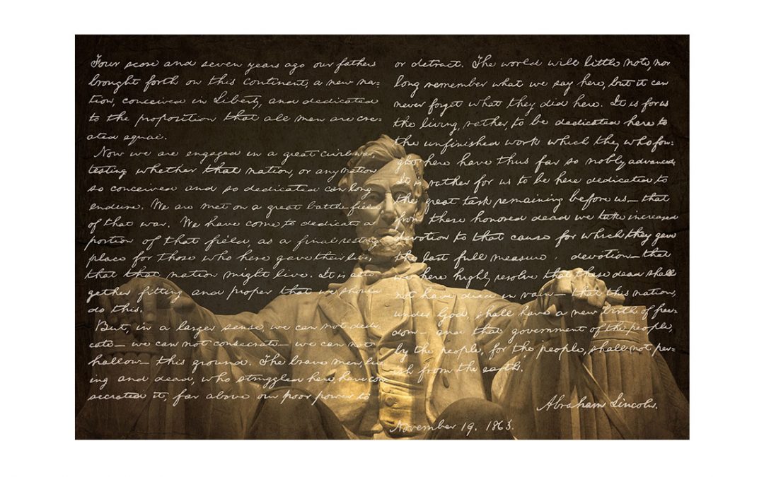 image shows the Lincoln memorial statue with the words of the Gettysburg address superimposed over the image
