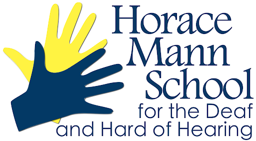 shape of two hands, one yellow and one blue with text: Horace Mann School for the Deaf and Hard of Hearing