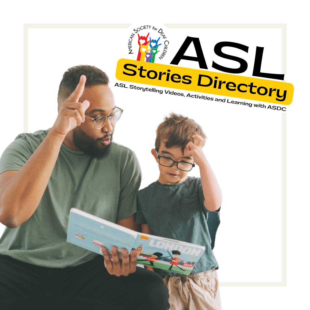 historias en lenguaje de señas - directorio de historias de asl - muestra libros para niños, manos y un botón de reproducción de video