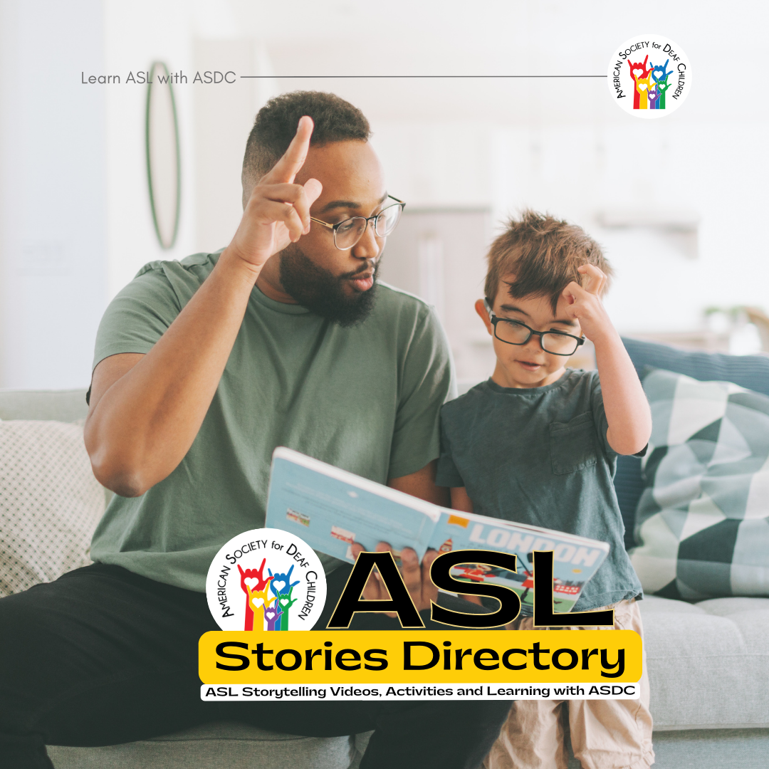 historias en lenguaje de señas - directorio de historias de asl - muestra libros para niños, manos y un botón de reproducción de video